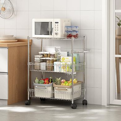 3 Tier Rolling Cart, Metal Kitchen Cart with Handles for Kitchen Bathroom Office Laundry