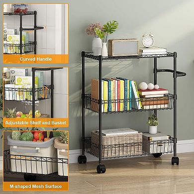 3 Tier Rolling Cart, Metal Kitchen Cart with Handles for Kitchen Bathroom Office Laundry