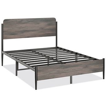 Metal Platform Bed Frame With Wooden Headboard And Footboard, Ample Storage Space