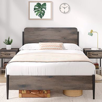 Metal Platform Bed Frame With Wooden Headboard And Footboard, Ample Storage Space