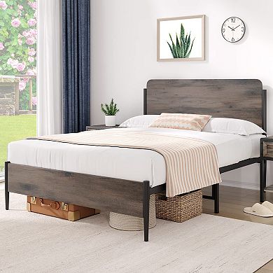 Metal Platform Bed Frame With Wooden Headboard And Footboard, Ample Storage Space