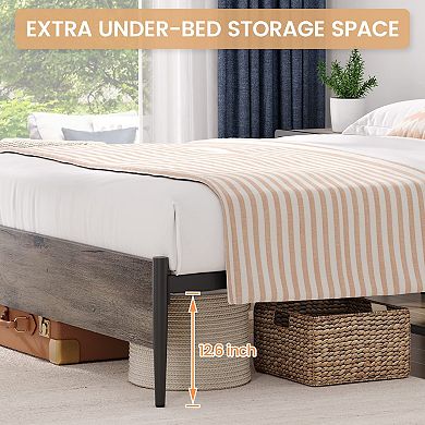 Metal Platform Bed Frame With Wooden Headboard And Footboard, Ample Storage Space