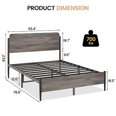 Metal Platform Bed Frame With Wooden Headboard And Footboard, Ample Storage Space