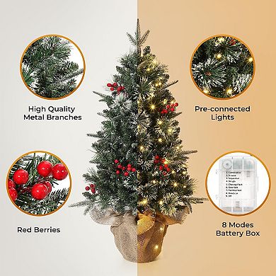 3ft Pre Lit Fiber Optic Christmas Tree with a Burlap Base, Artificial Small Tabletop Xmas Tree