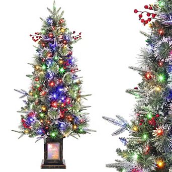 4.5ft Prelit Slim Artificial Christmas Tree, Multicolor Led Lights, Snow Flocked & Frosted