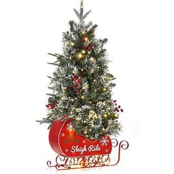 3FT Pre Lit Artificial Sleigh Ride Base Christmas Tree with 78 pc Warm White Lights，1 pcs