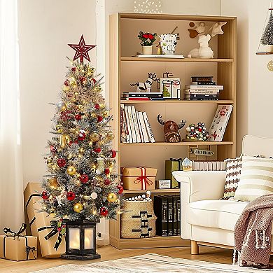 4.5 Ft Prelit Snow Flocked Artificial Christmas Tree With 8 Mode Warm White Led, Vintage Base, 2pcs