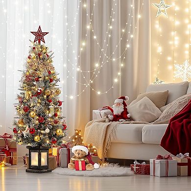 4.5 Ft Prelit Snow Flocked Artificial Christmas Tree With 8 Mode Warm White Led, Vintage Base, 2pcs