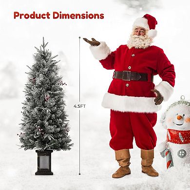 4.5 Ft Prelit Snow Flocked Artificial Christmas Tree With 8 Mode Warm White Led, Vintage Base, 2pcs