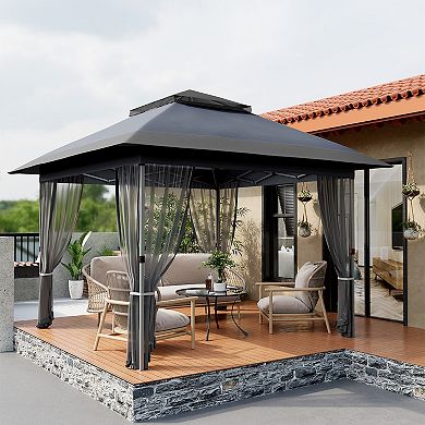 12x12 Pop up Gazebo with Mosquito Netting, Metal Frame Canopy with Double Roof