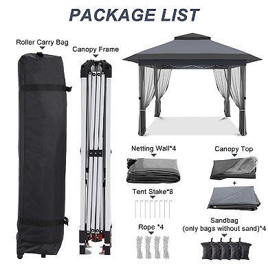 12x12 Pop up Gazebo with Mosquito Netting, Metal Frame Canopy with Double Roof