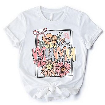 Floral Mama Coquette Bow Pastel T-Shirt, White and Natural Boho Tee With Spring Flower