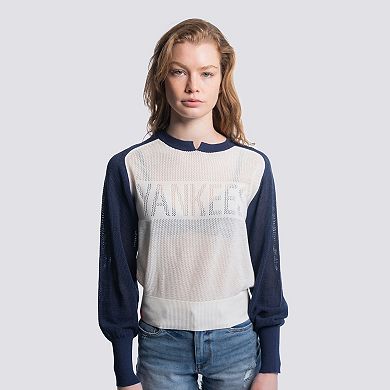 Women's Lusso Navy New York Yankees Seraphina Mesh Notch Neck Sweater