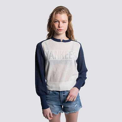 Women's Lusso Navy New York Yankees Seraphina Mesh Notch Neck Sweater