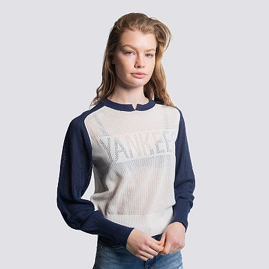 Women's Lusso Navy New York Yankees Seraphina Mesh Notch Neck Sweater