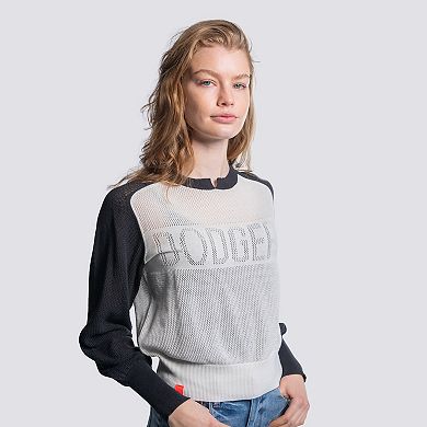 Women's Lusso Navy Los Angeles Dodgers Seraphina Mesh Notch Neck Sweater