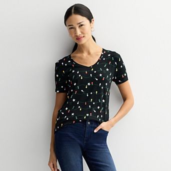 Women's Holiday Print V-Neck Graphic Top
