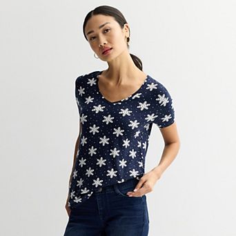 Women's Holiday Print V-Neck Graphic Top