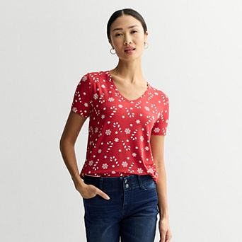 Women's Holiday Print V-Neck Graphic Top