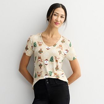 Women's Holiday Print V-Neck Graphic Top