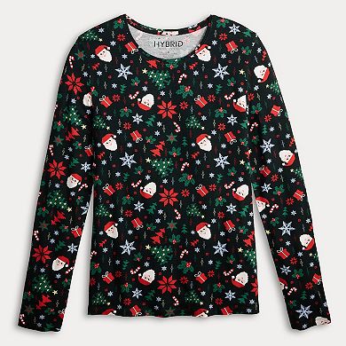 Women's Long Sleeve Holiday Print Crew Neck Top