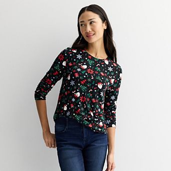 Women's Long Sleeve Holiday Print Crew Neck Top