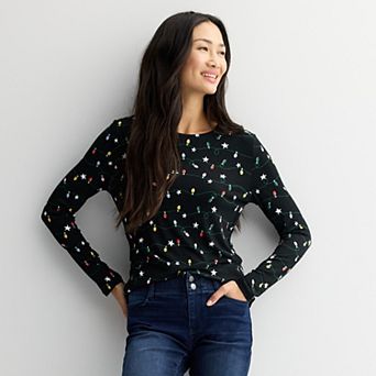 Women's Long Sleeve Holiday Print Crew Neck Top