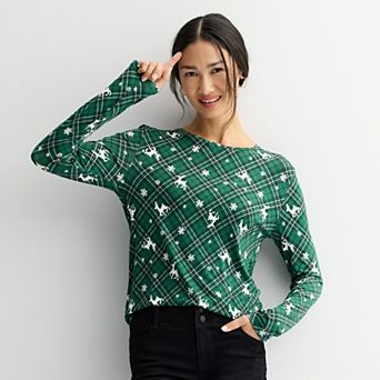 Women's Long Sleeve Holiday Print Crew Neck Top