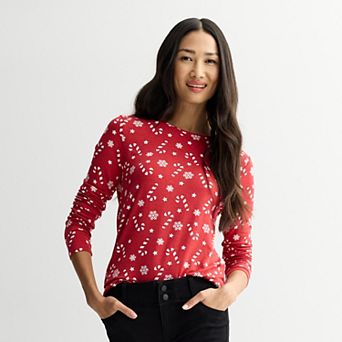 Women's Long Sleeve Holiday Print Crew Neck Top
