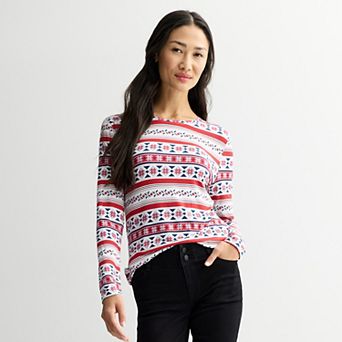 Women's Long Sleeve Holiday Print Crew Neck Top