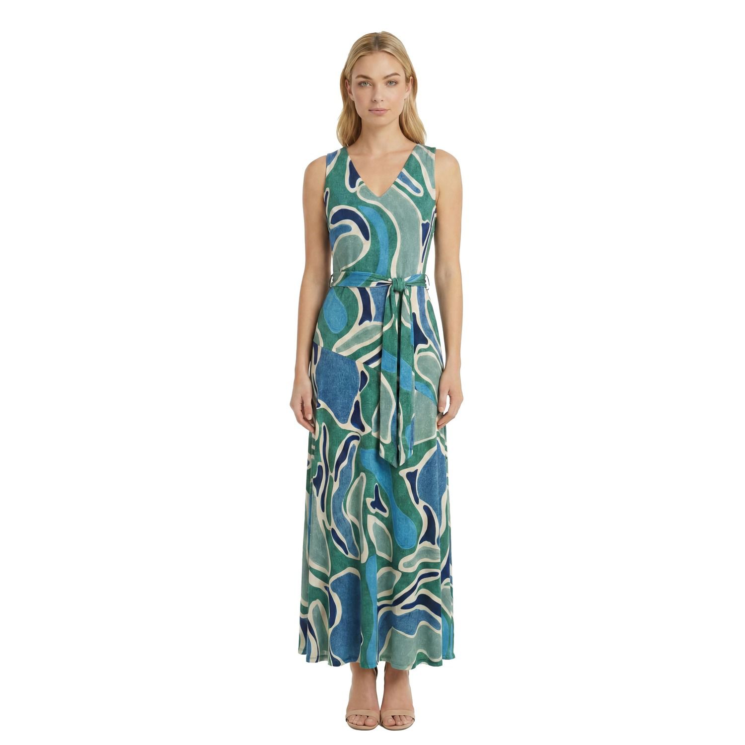 Женское платье London Times V-Neck Asymmetrical Hip Seam Maxi, цвет: Зелёный синий