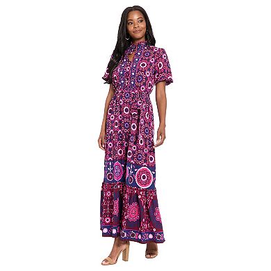 Women's London Times Ruffle Neck Tiered Maxi Dress with Self Belt