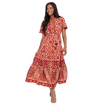 Women's London Times Ruffle Neck Tiered Maxi Dress with Self Belt