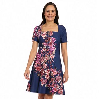 Women's London Times Square Neck Short Sleeve Fit and Flare Dress