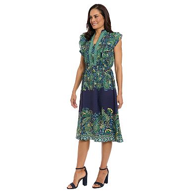Women's London Times Ruffle Sleeve Elastic Waist Midi Dress