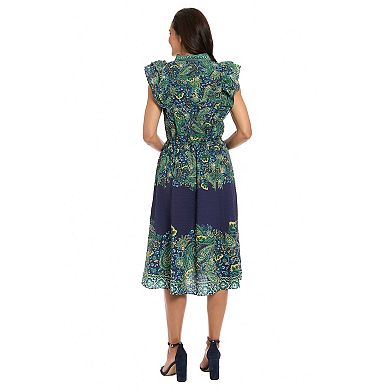 Women's London Times Ruffle Sleeve Elastic Waist Midi Dress