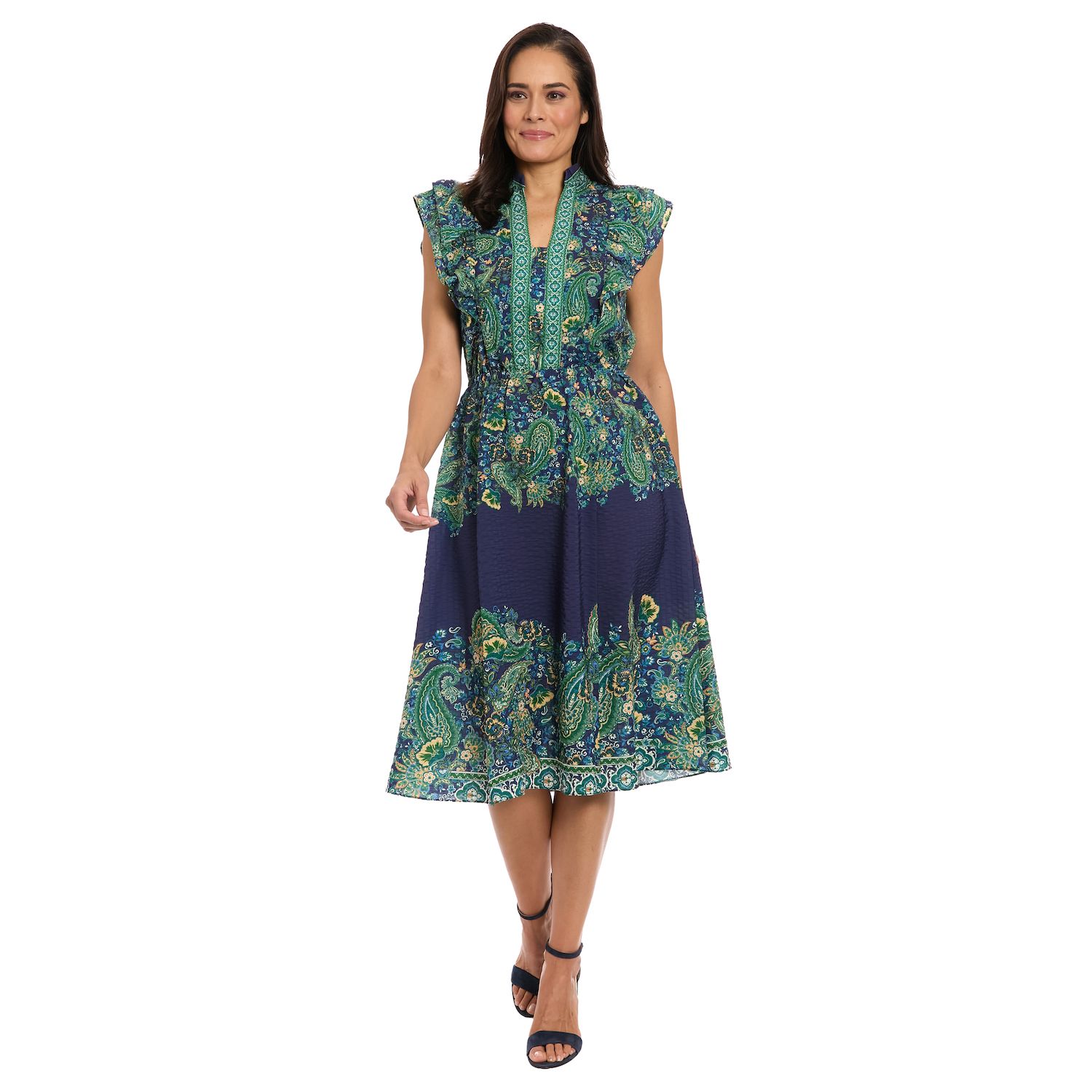 Женское платье London Times Ruffle Sleeve Elastic Waist Midi — фото 1
