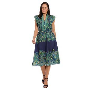 Women's London Times Ruffle Sleeve Elastic Waist Midi Dress