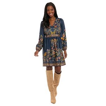 Women's London Times Bishop Sleeve V-Neck Mini Dress