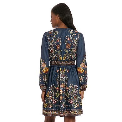 Women's London Times Bishop Sleeve V-Neck Mini Dress
