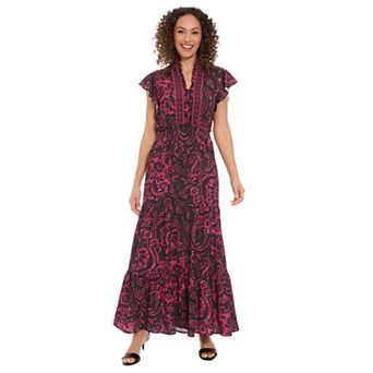 Women's London Times Ruffle Neck Flutter Sleeve Smocked Waist Dress