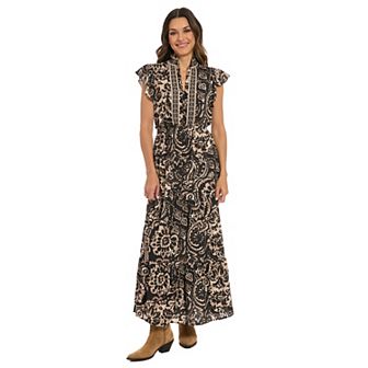 Women's London Times Ruffle Neck Flutter Sleeve Smocked Waist Dress