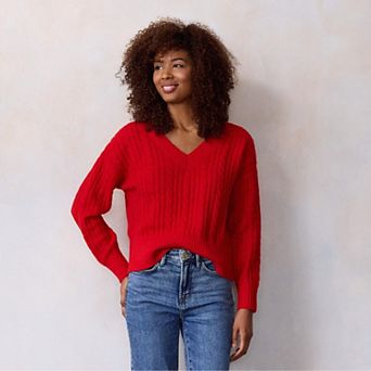 Petite LC Lauren Conrad V-Neck Cable Pullover Sweater