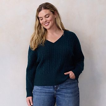 Plus Size LC Lauren Conrad V-Neck Cable Pullover Sweater