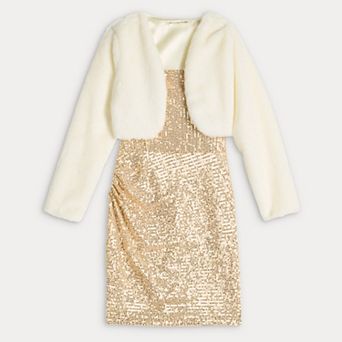 Girls 7-16 Knit Works 2 pc Sequin Dress & Long Sleeve Faux Fur Bolero Set