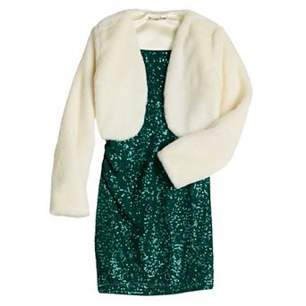 Girls 7-16 Knit Works 2 pc Sequin Dress & Long Sleeve Faux Fur Bolero Set