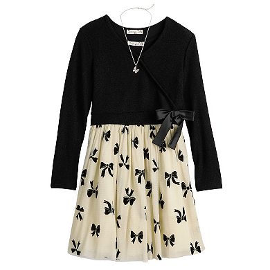 Girls 7-16 Knit Works Long Sleeve Wrap Front Popover Mesh Skirt Dress Set with Necklace