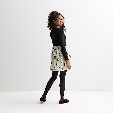 Girls 7-16 Knit Works Long Sleeve Wrap Front Popover Mesh Skirt Dress Set with Necklace