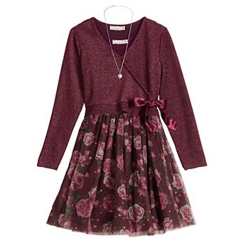 Girls 7-16 Knit Works Long Sleeve Wrap Front Popover Mesh Skirt Dress Set with Necklace