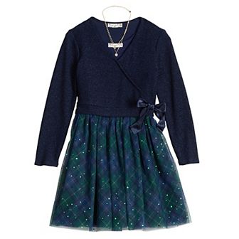 Girls 7-16 Knit Works Long Sleeve Wrap Front Popover Mesh Skirt Dress Set with Necklace